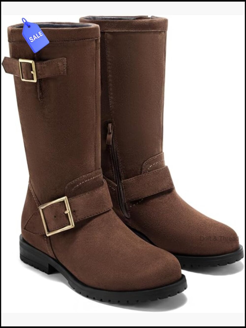 Womens Mid Calf Combat Boots Low Heel Zipper Motorcycle Biker Boots